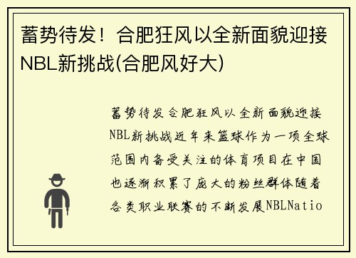 蓄势待发！合肥狂风以全新面貌迎接NBL新挑战(合肥风好大)